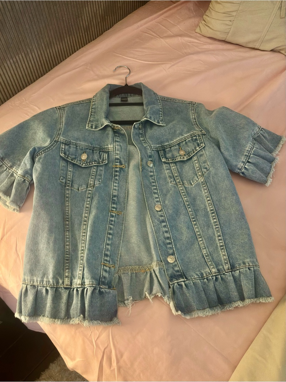 SHEIN Light Blue Ruffle Hem Short Sleeve Denim Jacket